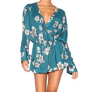 Free People Teal Floral Wrap Mini Dress